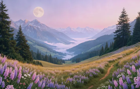 Field, flowers, mountains, nature, field, landscape, mountains