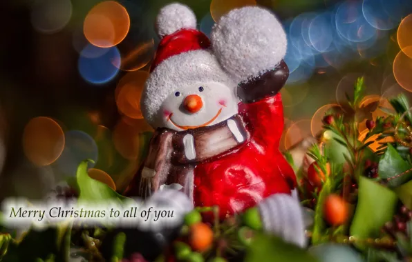 Picture branches, background, new year, snowman, bokeh, Christmas toy