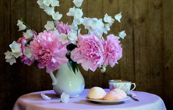 Picture flowers, table, Cup, vase, bells, dessert, tablecloth, peonies