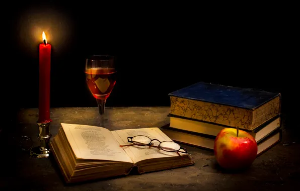 Picture glass, books, Apple, candle, glasses, Tranquillity in the dark