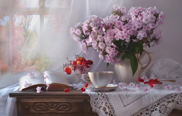 Flowers, berries, window, grapes, Cup, book, pitcher, still life