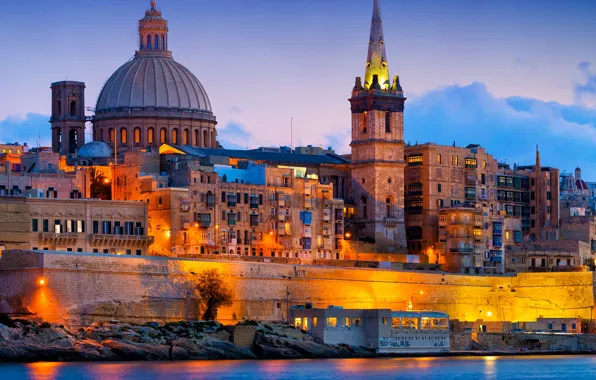 Sea, night, lights, building, Malta, Valletta