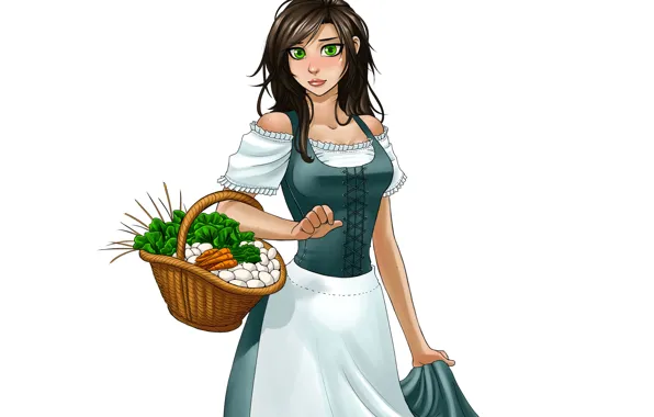 Picture girl, basket, dress, vegetables, the maid, viviane
