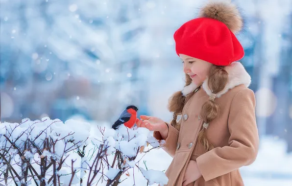 Winter, snow, branches, red, nature, pose, smile, Park