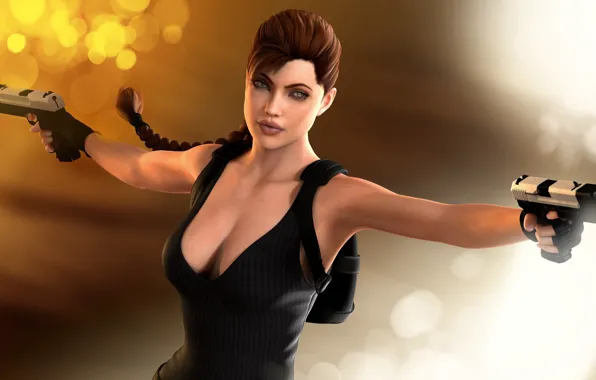 Picture girl, glare, rendering, background, guns, Angelina Jolie, Tomb Raider, 3D model