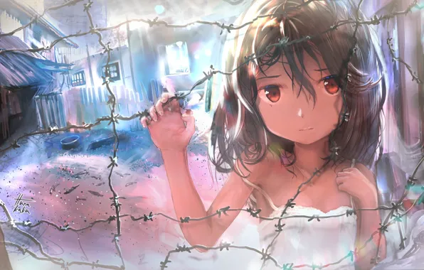 Picture sadness, girl, the fence, home, anime, art, settlement, you2662eternity