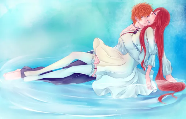 Picture water, girl, stockings, anime, art, pair, guy, bleach