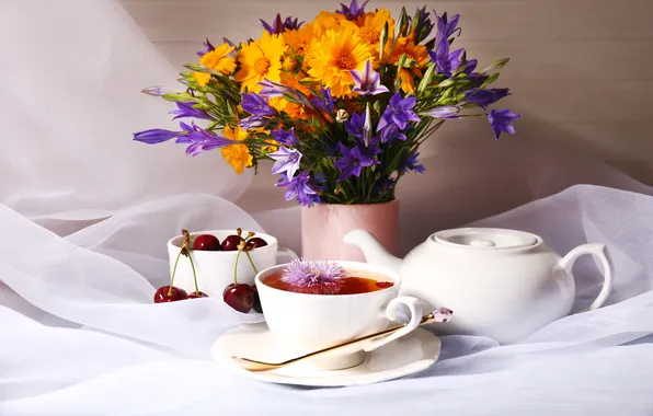 Picture FLOWERS, TEA, FRUIT, KETTLE