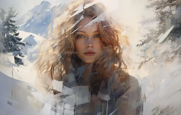 Winter, Girl, Look, Snow, Face, Hair, Tree, Digital art