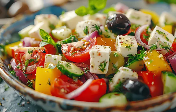 Greens, cheese, pieces, bowl, tomatoes, cucumbers, salad, olives