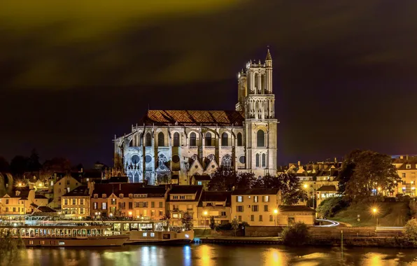 Night, river, Paris, Cathedral, Paris, suburb, Mantes The Pretty cathedral