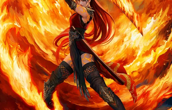 Fire, girl, sword, Mario Wibisono, fantasy, magic, armor, brunette