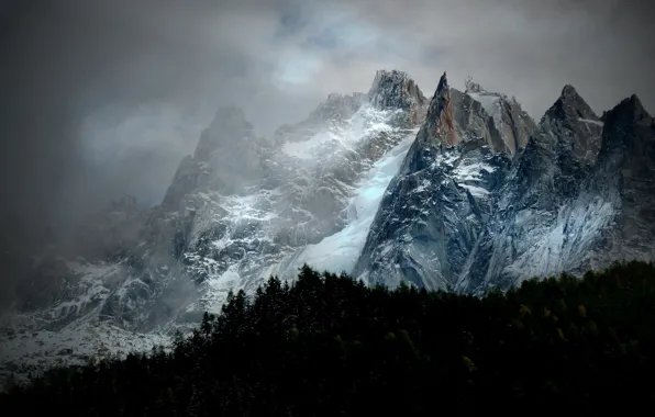 Picture winter, the sky, clouds, snow, trees, mountains, clouds, nature