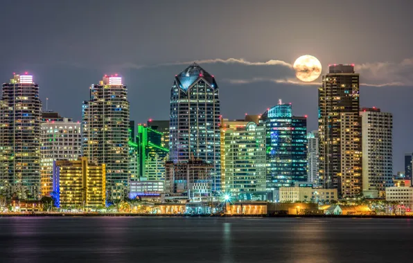 Picture the moon, building, CA, night city, skyscrapers, California, San Diego, San Diego