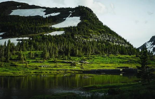 Clouds, trees, river, river, trees, clouds, snow, the slope of the mountain
