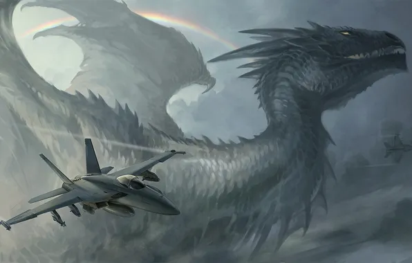 Picture the plane, dragon, rainbow, missiles, f/a 18, sandara, hybrid rainbow
