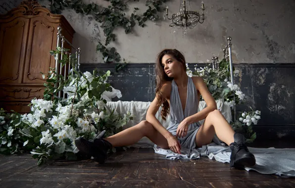 Picture girl, flowers, pose, feet, bed, shoes, dress, Karina