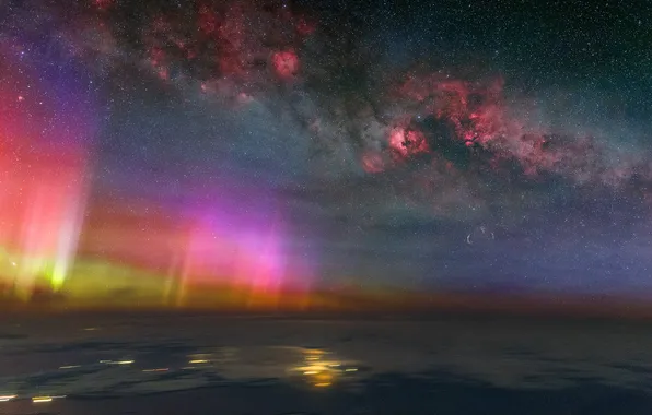 The sky, night, shore, Northern lights, The milky way, pond