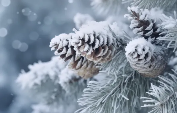 Winter, frost, macro, snow, branches, nature, spruce, Christmas