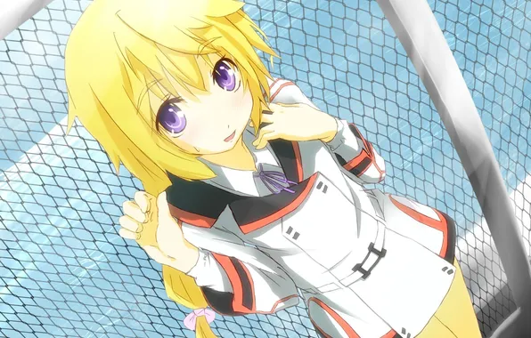 Look, girl, smile, the fence, Anime, art, student, blonde hair
