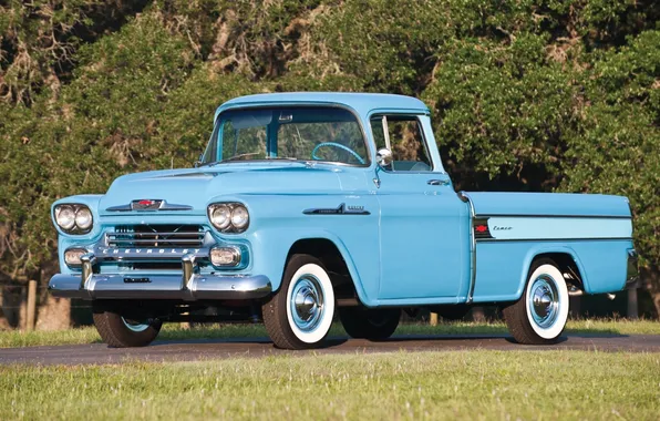 Trees, background, blue, Chevrolet, Chevrolet, classic, pickup, the front