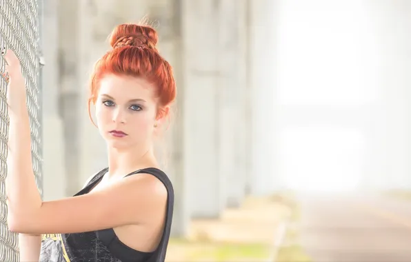 Picture look, girl, hairstyle, grille, redhead, blue-eyed