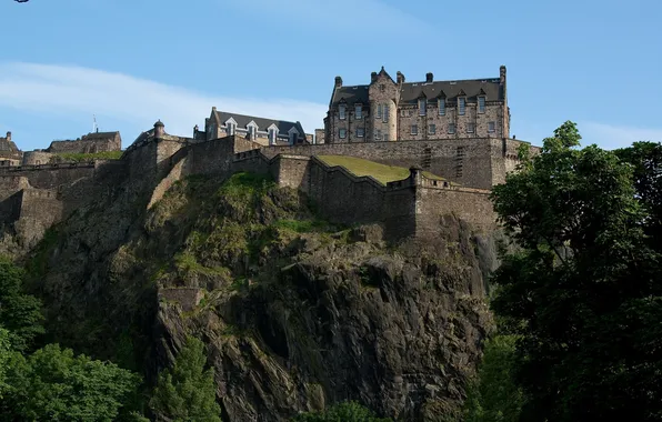 Trees, rock, castle, wall, Scotland, fortress, Edinburgh Castle