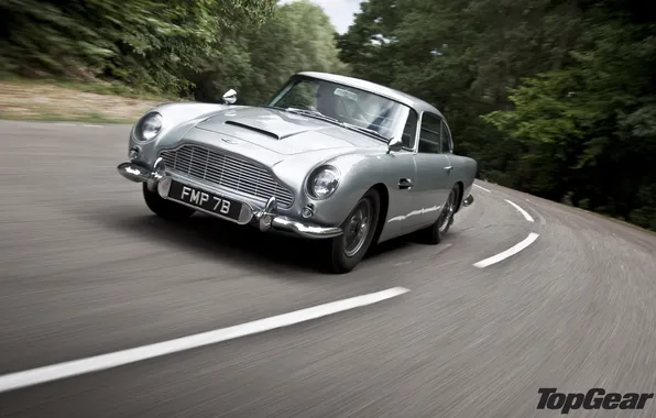 Picture road, trees, Aston Martin, Top Gear, James Bond, Aston Martin, 1964, the best TV show
