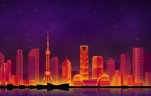 The sky, Minimalism, Night, The city, Shanghai, Shanghai, Art, Digital