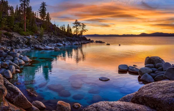 Sunset, lake, stones, California, Nevada, Lake, Lake tahoe, Sierra