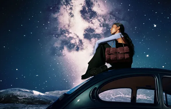 Picture Girl, Night, Stars, Car, Mulberry, Fashion, Designer bag, Designer handbags