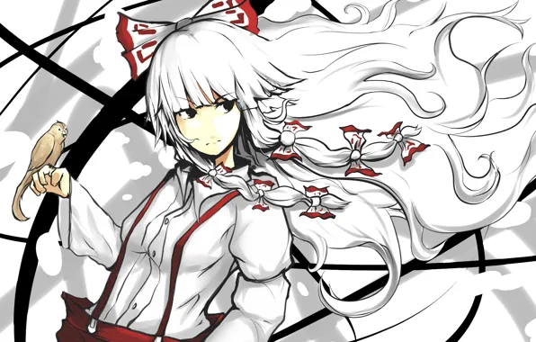 Bird, art, bow, long hair, touhou, bird, art, Touhou
