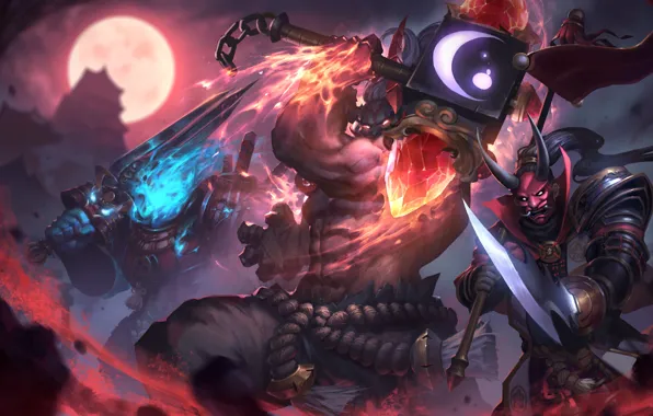Night, sword, hammer, warrior, mask, art, Heroes of Newerth, General Noroi