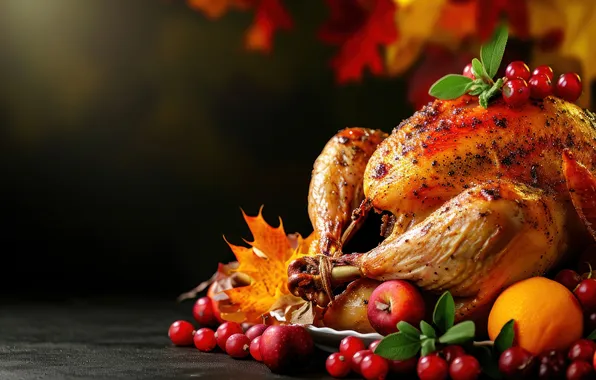 Autumn, leaves, berries, lemon, apples, Board, meat, fried chicken