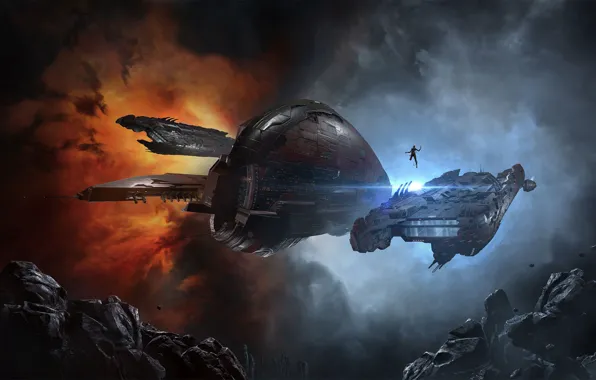 Nebula, people, asteroids, Space, space, battle, the corpse, spaceship