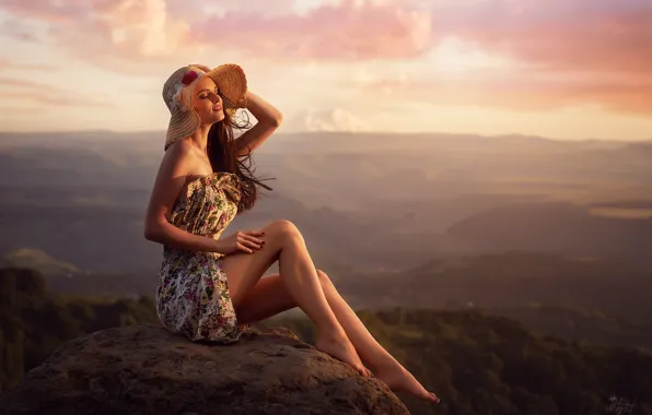 The sun, landscape, pose, rock, model, portrait, hat, makeup
