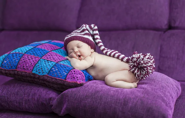 Sofa, sleep, pillow, child, cap, baby