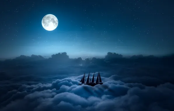 Picture the sky, stars, clouds, night, the moon, sailboat