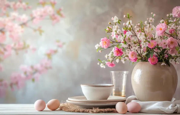 Flowers, branches, cherry, table, holiday, glass, eggs, bouquet