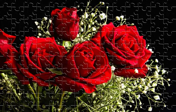 Picture flowers, rendering, the game, black background, entertainment, red roses, holiday puzzle