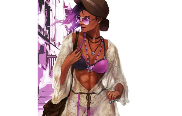 Picture swimsuit, summer, girl, glasses, Overwatch, Sombra