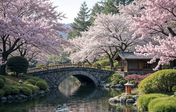 Trees, bridge, Park, river, spring, Sakura, flowering, trees