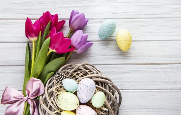 Flowers, eggs, spring, colorful, Easter, tulips, happy, wood