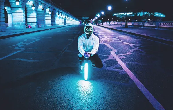 Picture night, street, people, lamp, neon, mask