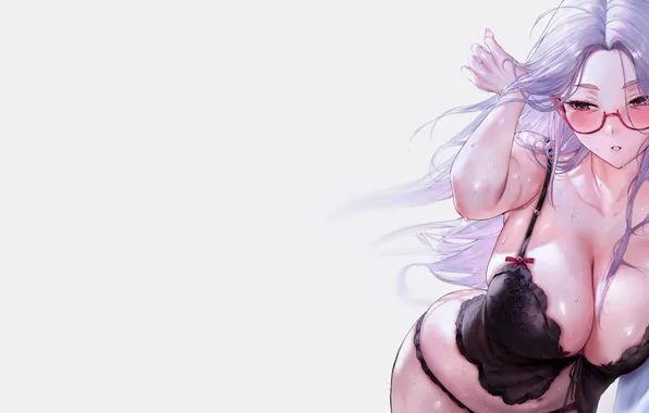 Girl, wet, anime, glasses, big boobs, babe, underwear, sweat
