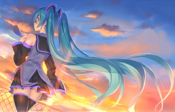 The sky, girl, clouds, sunset, the fence, anime, art, vocaloid