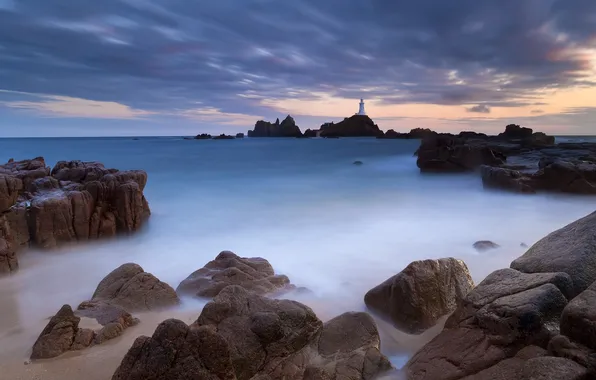Sea, sunset, stones, rocks, lighthouse