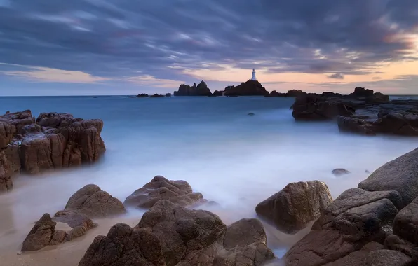 Picture sunset, stones, rocks, lighthouse, Sea