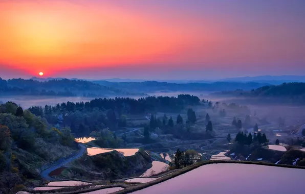Road, the sky, sunset, mountains, lake, valley