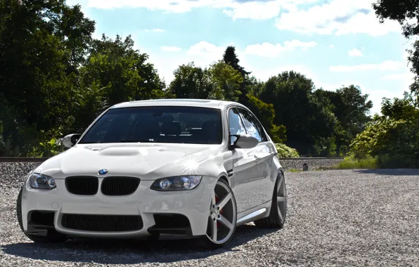 White, the sky, clouds, bmw, BMW, white, sedan, front view